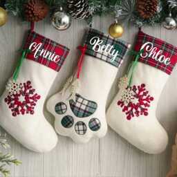 Personalized Pet Christmas Stockings, Christmas Gift, Christmas Dog Paw Family Plaid Stockings - thumbnail 4