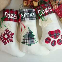 Personalized Pet Christmas Stockings, Christmas Gift, Christmas Dog Paw Family Plaid Stockings - thumbnail 3