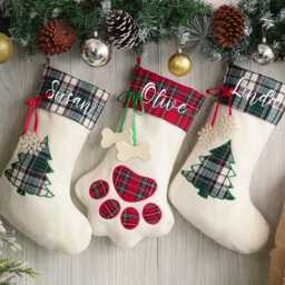 Personalized Pet Christmas Stockings, Christmas Gift, Christmas Dog Paw Family Plaid Stockings - thumbnail 2