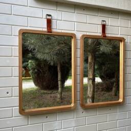 Solid Wood Modern Mirror, Scandinavian Wall Mirror Vintage Style, Large With Leather Strap, Modern Entryway Rectangular - thumbnail 3