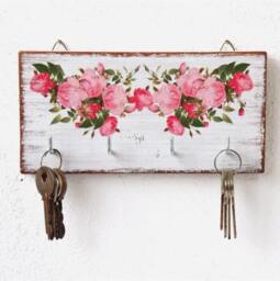 Rustic Floral Key Holder, Pink Peonies, Farmhouse Decor - thumbnail 1