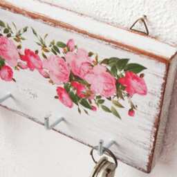 Rustic Floral Key Holder, Pink Peonies, Farmhouse Decor - thumbnail 2