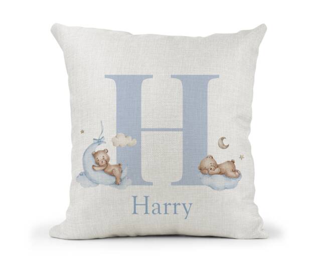 Personalised Teddy Bear Baby Blue Baby, Children's Nursery Bedroom Cream Cushion.. . New Baby Keepsake.. Cute Bear - image 1