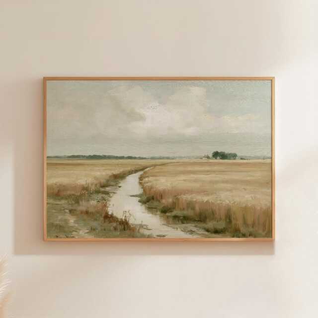 Countryside River Poster, Golden Field Print, Landscape Wall Art, Paper - image 1