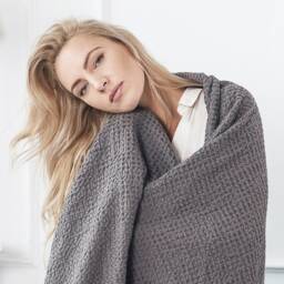 Linen Waffle Blanket Throw in A Dark Grey White Orange, Organic Stonewashed Blanket, Cozy Gift For Her, Valentines Day Gift - thumbnail 2