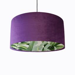 Purple Velvet Drum Lampshade With Lush Green Leaves Lining, Large Tropical Lightshade