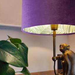 Purple Velvet Drum Lampshade With Lush Green Leaves Lining, Large Tropical Lightshade - thumbnail 2