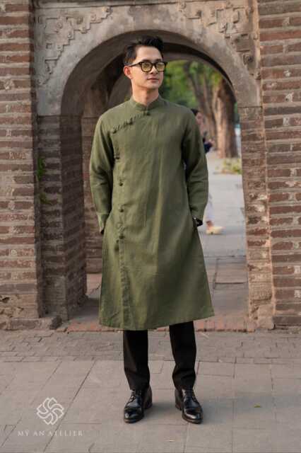 Linen Vietnamese Long Dress Men, Men Tunic Dress, Ao Dai Men Modern, Vietnam For Costume Ladm-2B - image 1