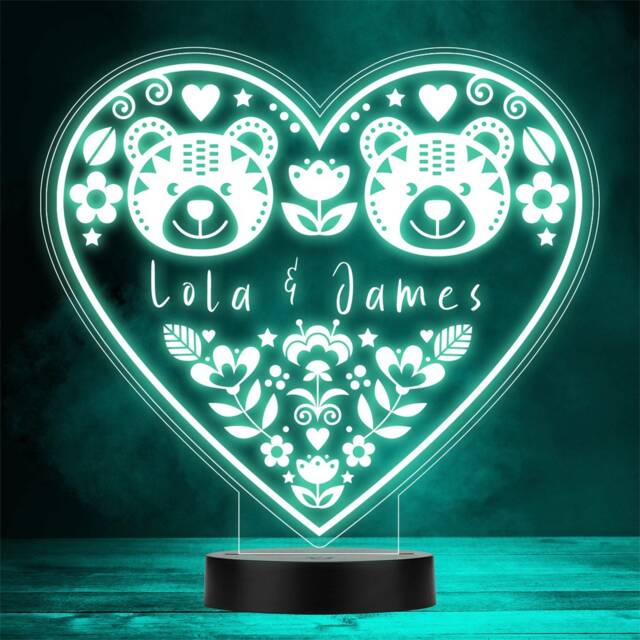 Two Bears in Love Flowers Valentine's Day Personalised Gift Colour Night Light - image 1