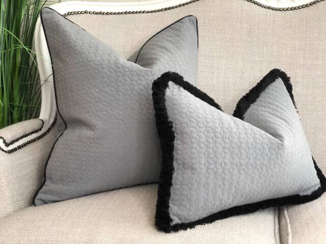 Grey Textured Cushion Cover With Black Fringe - Quilted Pillow Rectangle Lumbar Oblong 40, 45, 50, 55, 60, 65cm 16, 18, 20, 22, 24, 26 - image 1