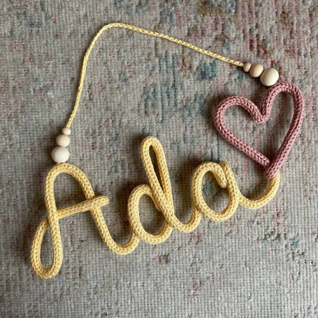 Beaded Knitted Personalised Wire Name Sign With Heart Crochet Nursery Decor - image 1