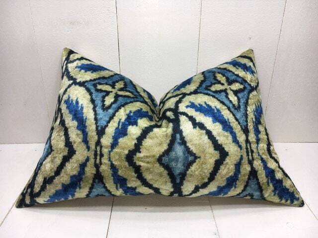Ikat Silk Velvet Pillow Cover - 16x24, Handwoven Accent Cushion - image 1