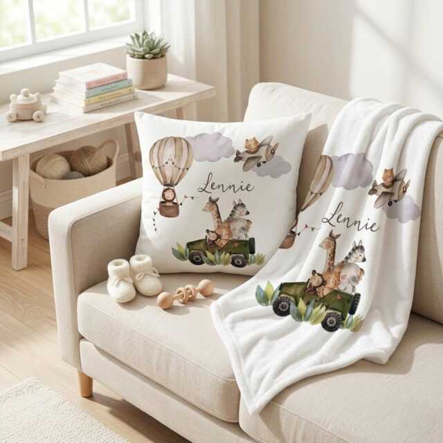 Personalised Safari Animal Baby Blanket Set, Custom Jungle Nursery Cushion - image 1