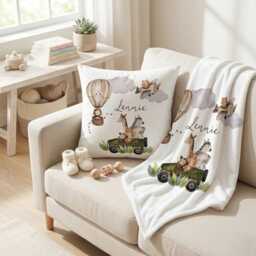 Personalised Safari Animal Baby Blanket Set, Custom Jungle Nursery Cushion - thumbnail 1