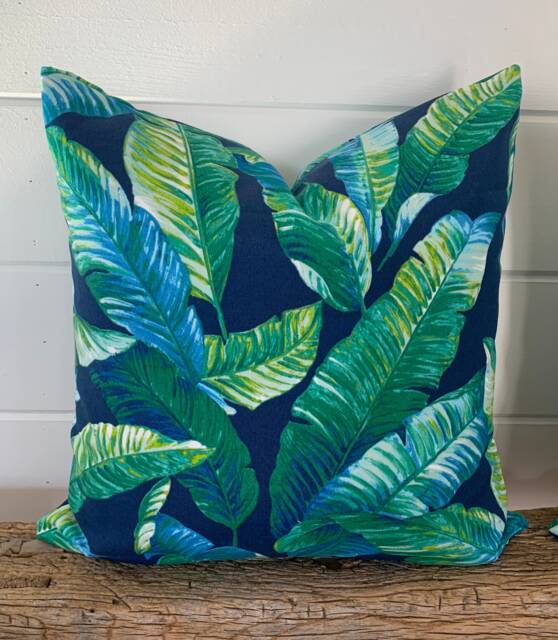 One Outdoor Pillow Cover, Cushion, Decorative Throw Pillow, Tropical Accent Navy Blue Green - image 1