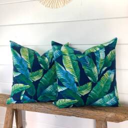One Outdoor Pillow Cover, Cushion, Decorative Throw Pillow, Tropical Accent Navy Blue Green - thumbnail 2