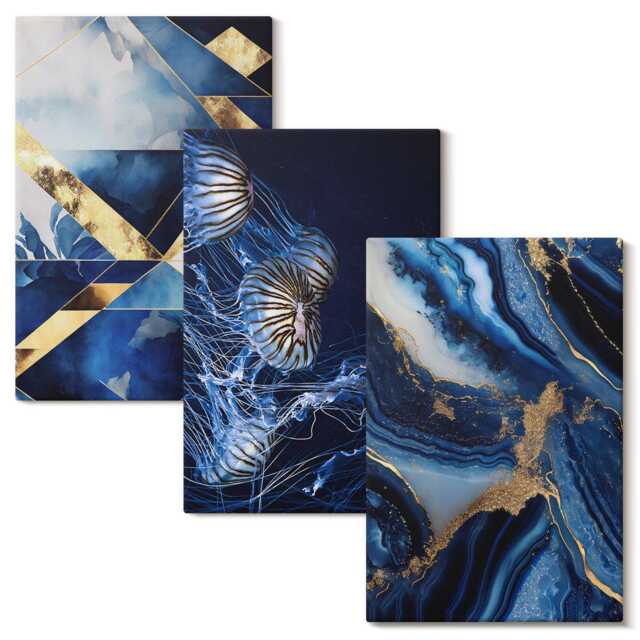 Canvas Wall Art Set Of 3 - Elegant Patterns With Accents, Navy Picture Print, Abstract Hanging Piece - image 1