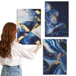 Canvas Wall Art Set Of 3 - Elegant Patterns With Accents, Navy Picture Print, Abstract Hanging Piece - thumbnail 2