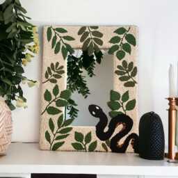 Handmade Tufted Mirror Snake & Leaves Punch Needle Wall Art