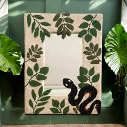 Handmade Tufted Mirror Snake & Leaves Punch Needle Wall Art - thumbnail 2