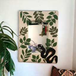 Handmade Tufted Mirror Snake & Leaves Punch Needle Wall Art - thumbnail 3