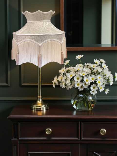 Bespoke Handmade Cora Dove Fabric Lamp Shades Downton Abbey Style, Coffee Tassels, Cream Bream & Fringe - image 1