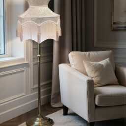 Bespoke Handmade Cora Dove Fabric Lamp Shades Downton Abbey Style, Coffee Tassels, Cream Bream & Fringe - thumbnail 2