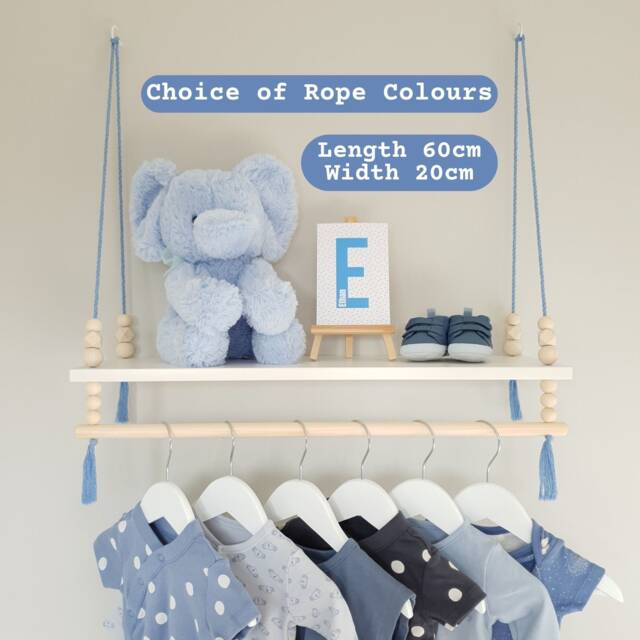 Nursery Shelves With Clothes Rail, Shelf White Shelf, Rope Swing Shelves, Hanging Peg Decor - image 1