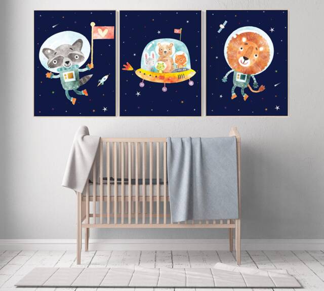 Space Animal Nursery Decor Boys Room Wall Art - image 1
