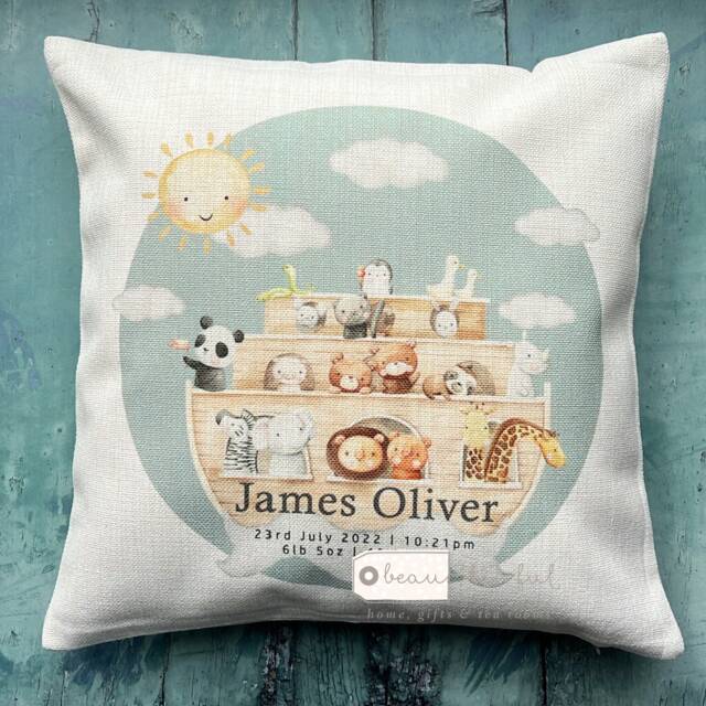 Personalised New Baby Boy Ark Animals Blue Grey... Linen Style Cushion Cover - Born Birth