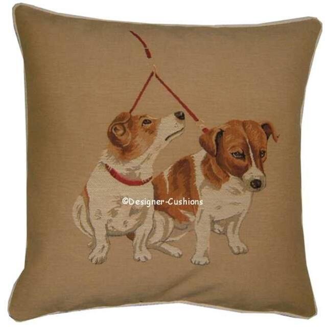 Pair Jack Russells Leash Tapestry Cushion Cover Sham - image 1