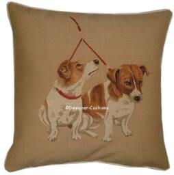 Pair Jack Russells Leash Tapestry Cushion Cover Sham - thumbnail 1