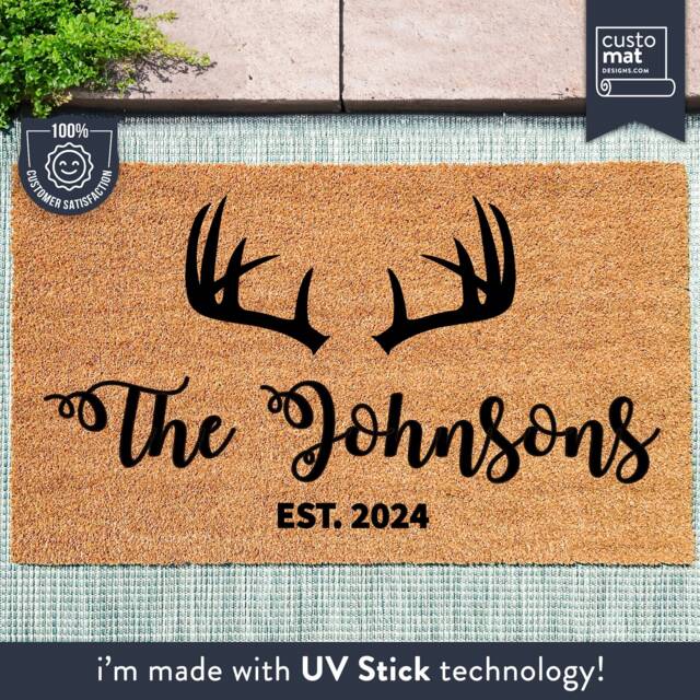 Personalized Antlers With Family Name & Est. Date - Country Doormat Custom Coir Door Mat - image 1