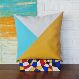 Modern Triangle Faux Leather Pillow Cover Mint, Yellow, Ivory - thumbnail 2