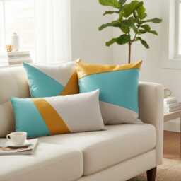 Modern Triangle Faux Leather Pillow Cover Mint, Yellow, Ivory - thumbnail 4