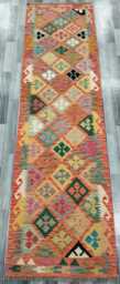 Tribal Runner Rug, Handmade Artisan Afghan Turkish, Scandinavian, Navajo, Bohemian Flatweave, Wool Kilim Rug 298x82 cm - thumbnail 1