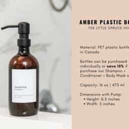 Amber Plastic Refillable Dispenser Bottles Minimalist Shampoo, Conditioner, Soap With Metal Pump - thumbnail 3