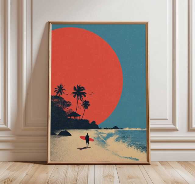 Surfing Sunset Wall Art Print - Tropical Beach Poster Modern Coastal Artwork Surfer Ocean Decor Minimalist Summer Illustration - image 1