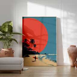 Surfing Sunset Wall Art Print - Tropical Beach Poster Modern Coastal Artwork Surfer Ocean Decor Minimalist Summer Illustration - thumbnail 2