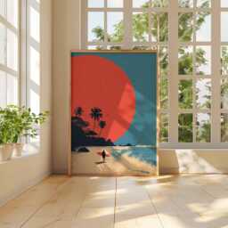 Surfing Sunset Wall Art Print - Tropical Beach Poster Modern Coastal Artwork Surfer Ocean Decor Minimalist Summer Illustration - thumbnail 3