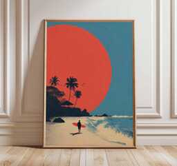 Surfing Sunset Wall Art Print - Tropical Beach Poster Modern Coastal Artwork Surfer Ocean Decor Minimalist Summer Illustration - thumbnail 1