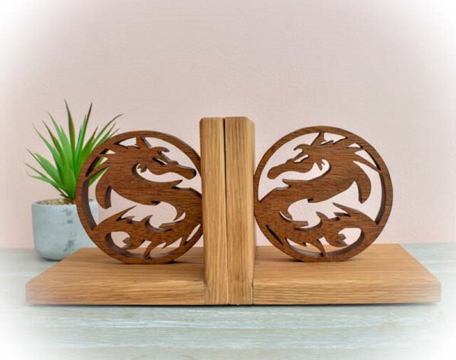Handmade Wooden Dragon Bookends - Fantasy Silhouettes in Sapele & Oak - image 1