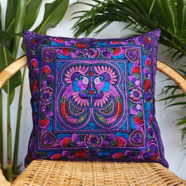 Hmong Embroidered Pillow Cover, Purple Birds Throw Pillow, 16x16 - Cs101Purb - image 1