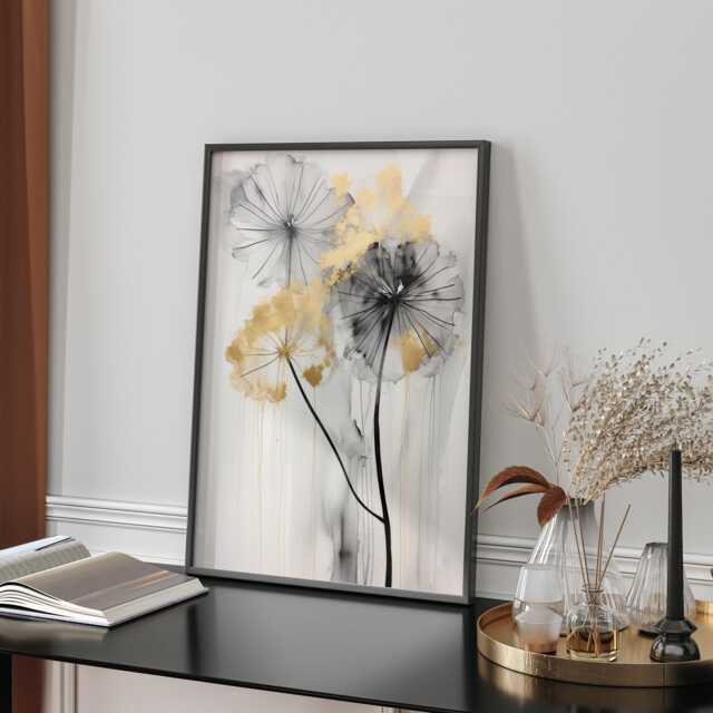 Black & Gold Dandelion Wall Art - Minimalist Floral Print Stylish Decor For Home - image 1