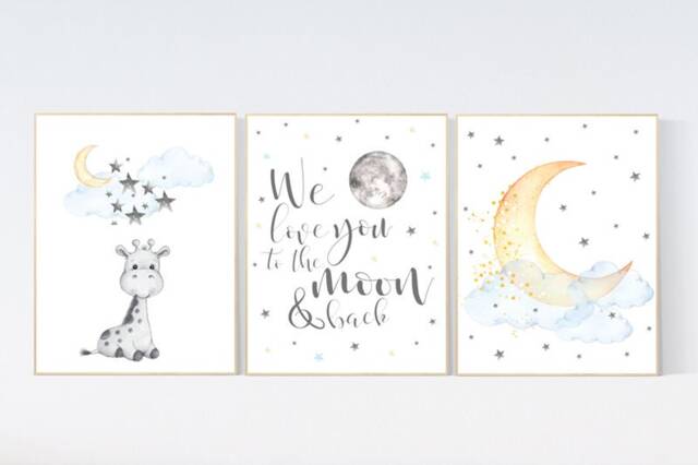 Giraffe Nursery Art Print Moon & Stars, Gender Neutral Decor - image 1