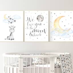 Giraffe Nursery Art Print Moon & Stars, Gender Neutral Decor - thumbnail 2