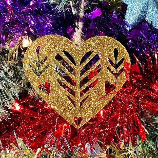 Gold Glitter Heart Christmas Tree Decoration - Beautiful Xmas Ornament in Oak, Walnut Cherry Wood Or Silver, Gold, Red, Green - image 1