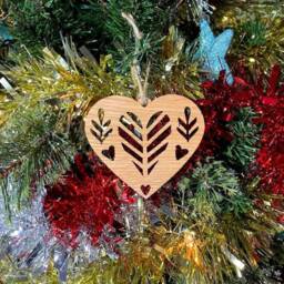 Gold Glitter Heart Christmas Tree Decoration - Beautiful Xmas Ornament in Oak, Walnut Cherry Wood Or Silver, Gold, Red, Green - thumbnail 3