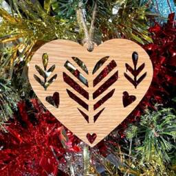 Gold Glitter Heart Christmas Tree Decoration - Beautiful Xmas Ornament in Oak, Walnut Cherry Wood Or Silver, Gold, Red, Green - thumbnail 2