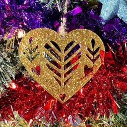 Gold Glitter Heart Christmas Tree Decoration - Beautiful Xmas Ornament in Oak, Walnut Cherry Wood Or Silver, Gold, Red, Green - thumbnail 1